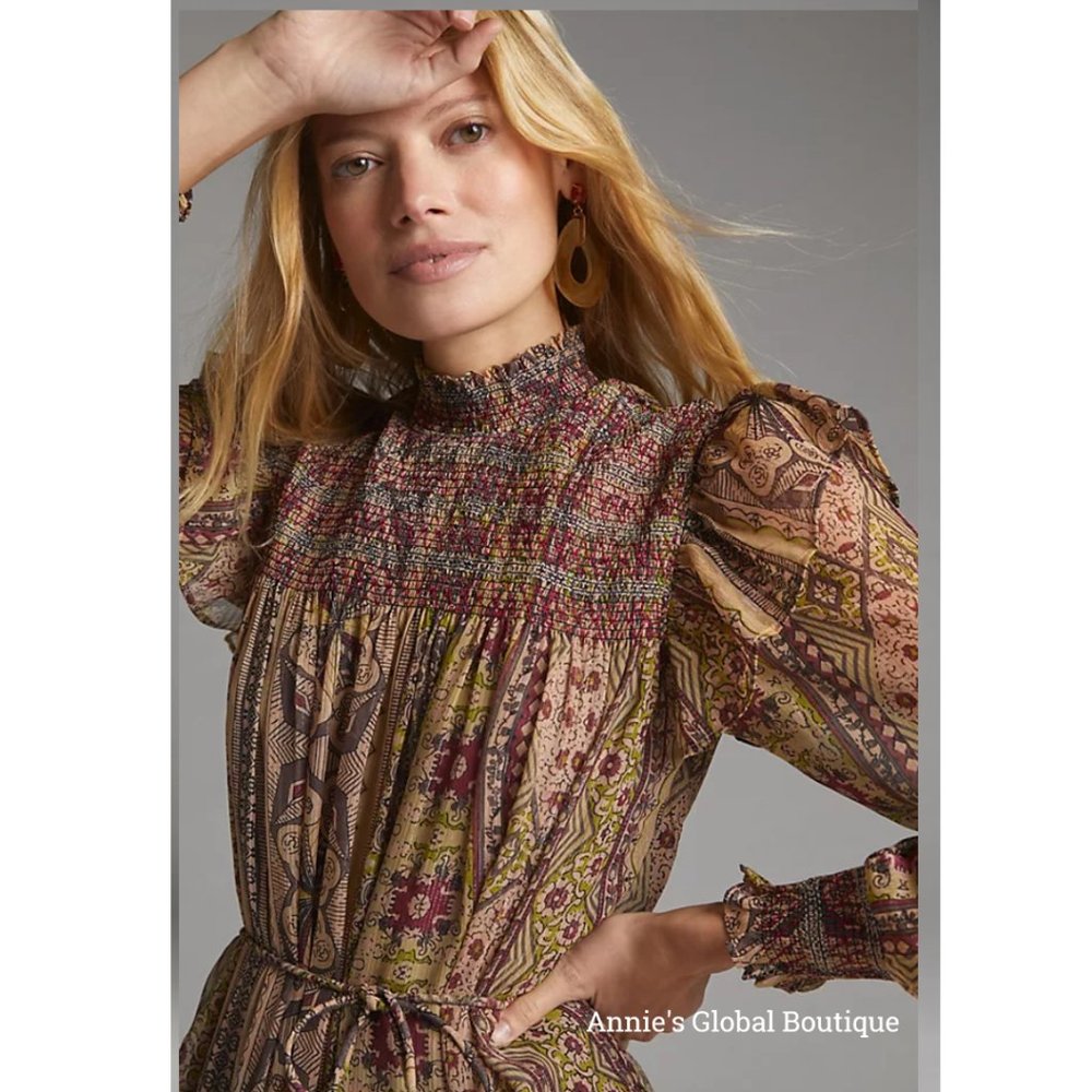 NWT ANTHROPOLOGIE Llani Smocked Tiered Midi Dress. Size M - Picture 4 of 16